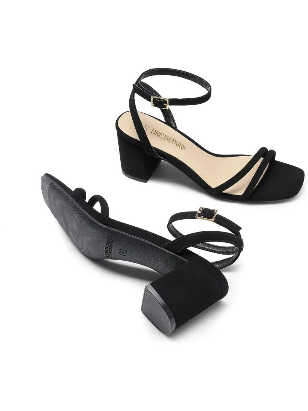 Women's Black Faux Leather Square-Toe Chunky Block Ankle Buckle Heeled Sandals